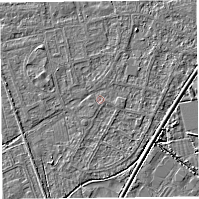 Shaded relief map of the ground around BS233UE, computed from Environment Agency LiDAR. The ground here sits at about 5 m above sea level and falls 3 m across the surrounding 800 m. Surface water reaching this point runs off ground lying to the east, 1.1 m higher.