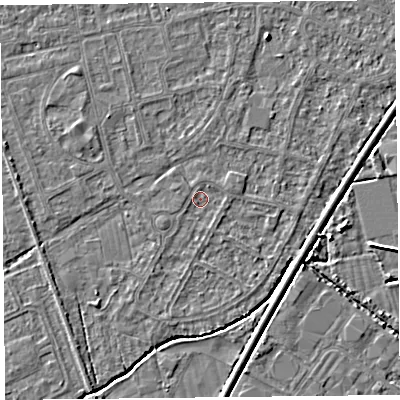 Shaded relief map of the ground around BS233UF, computed from Environment Agency LiDAR. The ground here sits at about 5 m above sea level and falls 4 m across the surrounding 800 m. Surface water reaching this point runs off ground lying to the west-south-west, 0.9 m higher.