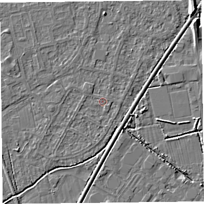 Shaded relief map of the ground around BS233UG, computed from Environment Agency LiDAR. The ground here sits at about 5 m above sea level and falls 8 m across the surrounding 800 m. Surface water reaching this point runs off ground lying to the north-east, 0.8 m higher.