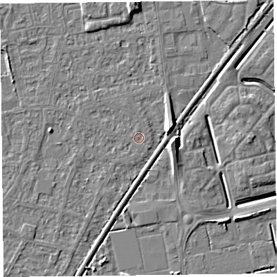 Shaded relief map of the ground around BS233UH, computed from Environment Agency LiDAR. The ground here sits at about 5 m above sea level and falls 8 m across the surrounding 800 m. Surface water reaching this point runs off ground lying to the north-north-east, 0.6 m higher.