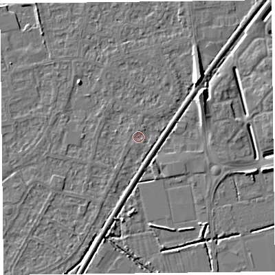 Shaded relief map of the ground around BS233UJ, computed from Environment Agency LiDAR. The ground here sits at about 5 m above sea level and falls 8 m across the surrounding 800 m. Surface water reaching this point runs off ground lying to the south, 0.7 m higher.