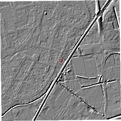 Shaded relief map of the ground around BS233UL, computed from Environment Agency LiDAR. The ground here sits at about 5 m above sea level and falls 8 m across the surrounding 800 m. Surface water reaching this point runs off ground lying to the south-west, 0.6 m higher.