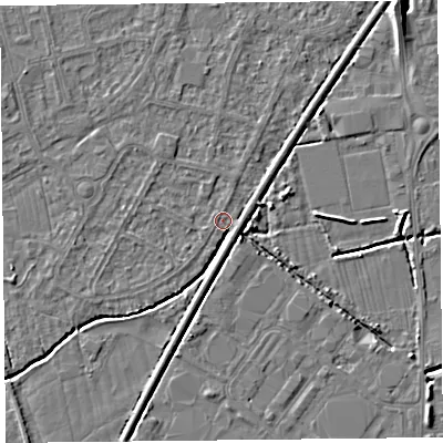 Shaded relief map of the ground around BS233UN, computed from Environment Agency LiDAR. The ground here sits at about 5 m above sea level and falls 8 m across the surrounding 800 m. Surface water reaching this point runs off ground lying to the north-east, 2.4 m higher.