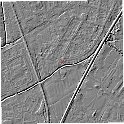 Shaded relief map of the ground around BS233UP, computed from Environment Agency LiDAR. The ground here sits at about 5 m above sea level and falls 3 m across the surrounding 800 m. Surface water reaching this point runs off ground lying to the south-south-west, 2.8 m higher.