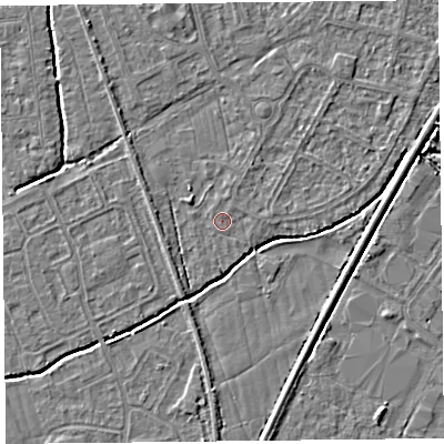 Shaded relief map of the ground around BS233UR, computed from Environment Agency LiDAR. The ground here sits at about 5 m above sea level and falls 3 m across the surrounding 800 m. Surface water reaching this point runs off ground lying to the north-west, 1.7 m higher.