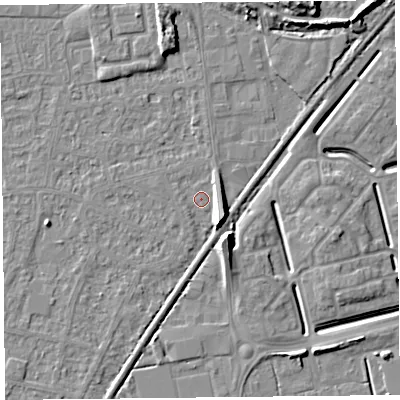 Shaded relief map of the ground around BS233US, computed from Environment Agency LiDAR. The ground here sits at about 6 m above sea level and falls 10 m across the surrounding 800 m. Surface water reaching this point runs off ground lying to the south-east, 6.8 m higher.