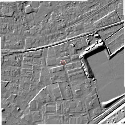 Shaded relief map of the ground around BS233UU, computed from Environment Agency LiDAR. The ground here sits at about 6 m above sea level and falls 11 m across the surrounding 800 m. Surface water reaching this point runs off ground lying to the south-south-east, 1.6 m higher.