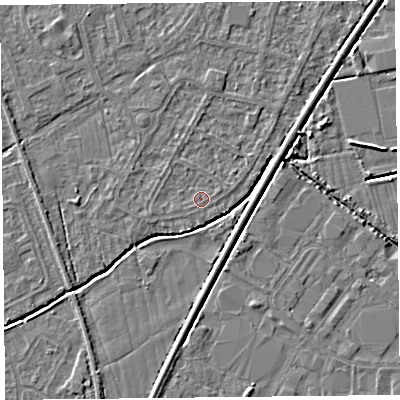 Shaded relief map of the ground around BS233UW, computed from Environment Agency LiDAR. The ground here sits at about 5 m above sea level and falls 4 m across the surrounding 800 m. Surface water reaching this point runs off ground lying to the north, 1.1 m higher.