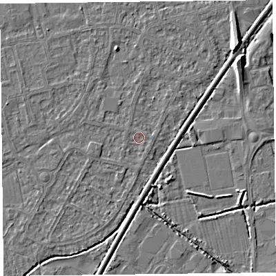 Shaded relief map of the ground around BS233UX, computed from Environment Agency LiDAR. The ground here sits at about 5 m above sea level and falls 8 m across the surrounding 800 m. Surface water reaching this point runs off ground lying to the north-north-east, 0.9 m higher.