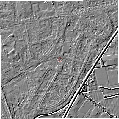 Shaded relief map of the ground around BS233UY, computed from Environment Agency LiDAR. The ground here sits at about 5 m above sea level and falls 4 m across the surrounding 800 m. Surface water reaching this point runs off ground lying to the south, 1.1 m higher.