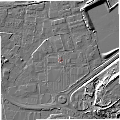 Shaded relief map of the ground around BS233UZ, computed from Environment Agency LiDAR. The ground here sits at about 7 m above sea level and falls 12 m across the surrounding 800 m. Surface water reaching this point runs off ground lying to the east, 0.7 m higher.