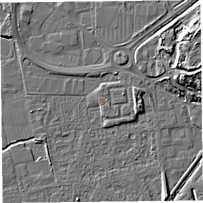 Shaded relief map of the ground around BS233WH, computed from Environment Agency LiDAR. The ground here sits at about 6 m above sea level and falls 11 m across the surrounding 800 m. Surface water reaching this point runs off ground lying to the south-south-east, 1.6 m higher.