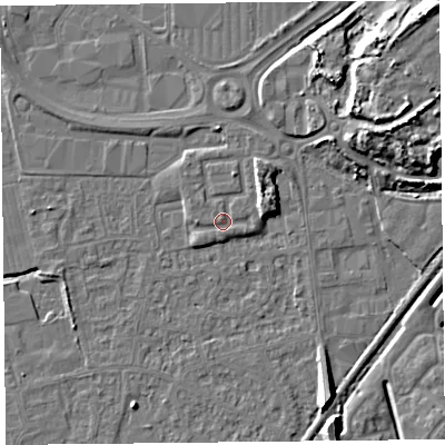 Shaded relief map of the ground around BS233WN, computed from Environment Agency LiDAR. The ground here sits at about 6 m above sea level and falls 12 m across the surrounding 800 m. Surface water reaching this point runs off ground lying to the east-north-east, 4.3 m higher.