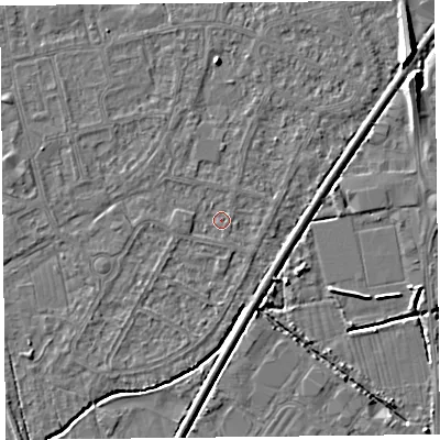 Shaded relief map of the ground around BS233XA, computed from Environment Agency LiDAR. The ground here sits at about 5 m above sea level and falls 8 m across the surrounding 800 m. Surface water reaching this point runs off ground lying to the north-north-east, 0.9 m higher.