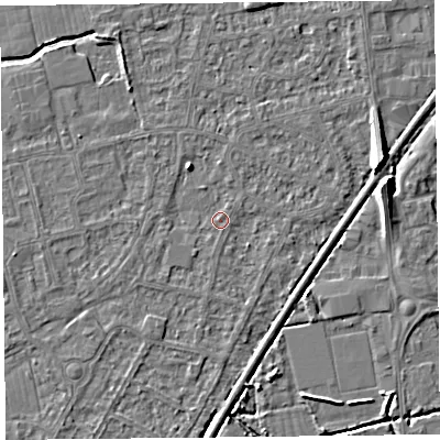 Shaded relief map of the ground around BS233XB, computed from Environment Agency LiDAR. The ground here sits at about 6 m above sea level and falls 8 m across the surrounding 800 m. Surface water reaching this point runs off ground lying to the south-east, 0.7 m higher.