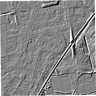 Shaded relief map of the ground around BS233XD, computed from Environment Agency LiDAR. The ground here sits at about 5 m above sea level and falls 8 m across the surrounding 800 m. Surface water reaching this point runs off ground lying to the north-north-east, 0.9 m higher.