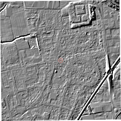 Shaded relief map of the ground around BS233XE, computed from Environment Agency LiDAR. The ground here sits at about 5 m above sea level and falls 8 m across the surrounding 800 m. Surface water reaching this point runs off ground lying to the east, 0.9 m higher.