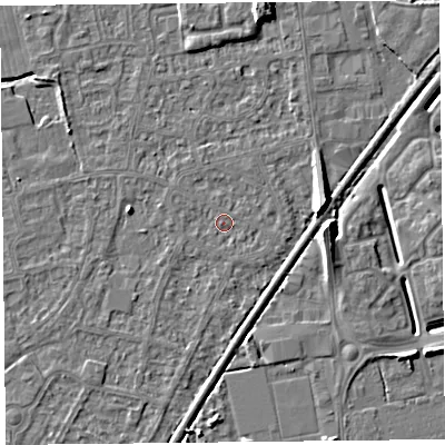 Shaded relief map of the ground around BS233XF, computed from Environment Agency LiDAR. The ground here sits at about 6 m above sea level and falls 8 m across the surrounding 800 m. Surface water reaching this point runs off ground lying to the north-north-east, 0.9 m higher.