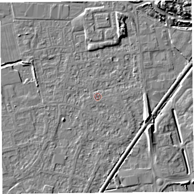 Shaded relief map of the ground around BS233XG, computed from Environment Agency LiDAR. The ground here sits at about 6 m above sea level and falls 10 m across the surrounding 800 m. Surface water reaching this point runs off ground lying to the east-north-east, 1.0 m higher.