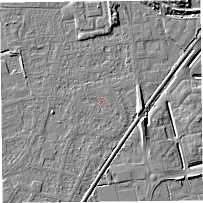 Shaded relief map of the ground around BS233XH, computed from Environment Agency LiDAR. The ground here sits at about 5 m above sea level and falls 9 m across the surrounding 800 m. Surface water reaching this point runs off ground lying to the north-east, 0.9 m higher.