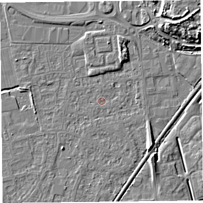 Shaded relief map of the ground around BS233XL, computed from Environment Agency LiDAR. The ground here sits at about 5 m above sea level and falls 11 m across the surrounding 800 m. Surface water reaching this point runs off ground lying to the east, 1.3 m higher.