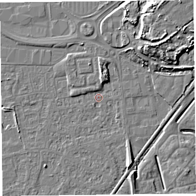 Shaded relief map of the ground around BS233XN, computed from Environment Agency LiDAR. The ground here sits at about 5 m above sea level and falls 12 m across the surrounding 800 m. Surface water reaching this point runs off ground lying to the north-east, 10.2 m higher.