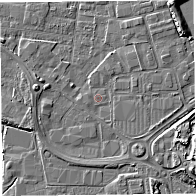 Shaded relief map of the ground around BS233XP, computed from Environment Agency LiDAR. The ground here sits at about 6 m above sea level and falls 9 m across the surrounding 800 m. Surface water reaching this point runs off ground lying to the west, 2.7 m higher.