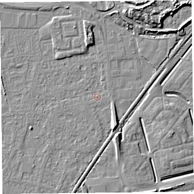Shaded relief map of the ground around BS233XQ, computed from Environment Agency LiDAR. The ground here sits at about 6 m above sea level and falls 12 m across the surrounding 800 m. Surface water reaching this point runs off ground lying to the north-north-east, 10.0 m higher.