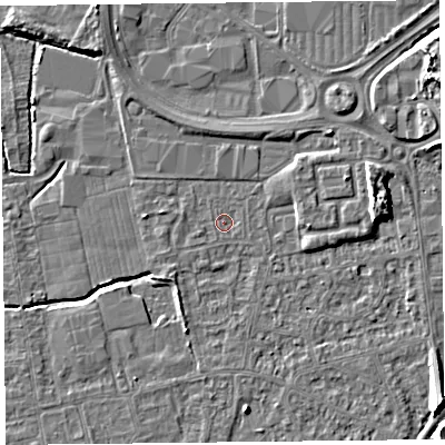 Shaded relief map of the ground around BS233XR, computed from Environment Agency LiDAR. The ground here sits at about 5 m above sea level and falls 8 m across the surrounding 800 m. Surface water reaching this point runs off ground lying to the west-north-west, 0.5 m higher.