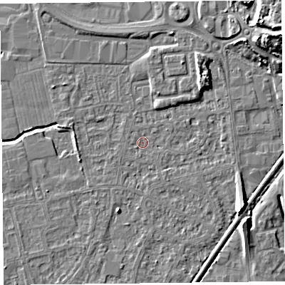 Shaded relief map of the ground around BS233XS, computed from Environment Agency LiDAR. The ground here sits at about 5 m above sea level and falls 11 m across the surrounding 800 m. Surface water reaching this point runs off ground lying to the south, 1.1 m higher.