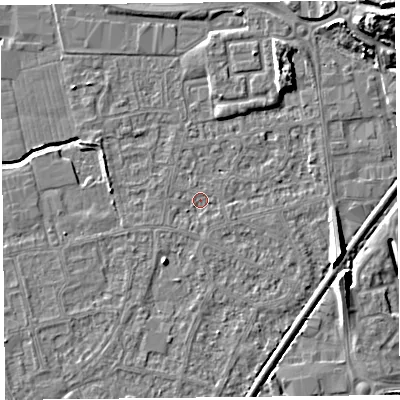 Shaded relief map of the ground around BS233XT, computed from Environment Agency LiDAR. The ground here sits at about 5 m above sea level and falls 11 m across the surrounding 800 m. Surface water reaching this point runs off ground lying to the south-south-east, 0.9 m higher.