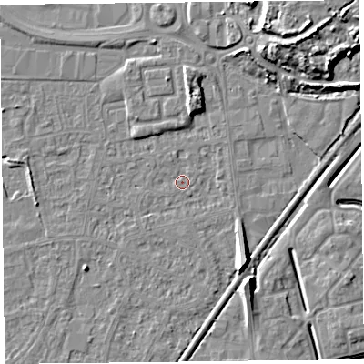 Shaded relief map of the ground around BS233XU, computed from Environment Agency LiDAR. The ground here sits at about 5 m above sea level and falls 12 m across the surrounding 800 m. Surface water reaching this point runs off ground lying to the north-east, 8.3 m higher.