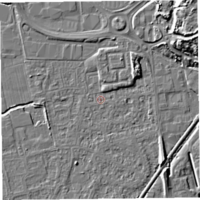 Shaded relief map of the ground around BS233XW, computed from Environment Agency LiDAR. The ground here sits at about 5 m above sea level and falls 11 m across the surrounding 800 m. Surface water reaching this point runs off ground lying to the east-north-east, 10.0 m higher.