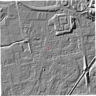 Shaded relief map of the ground around BS233XX, computed from Environment Agency LiDAR. The ground here sits at about 5 m above sea level and falls 10 m across the surrounding 800 m. Surface water reaching this point runs off ground lying to the south, 0.5 m higher.