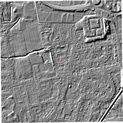 Shaded relief map of the ground around BS233XY, computed from Environment Agency LiDAR. The ground here sits at about 5 m above sea level and falls 7 m across the surrounding 800 m. Surface water reaching this point runs off ground lying to the north-east, 5.7 m higher.