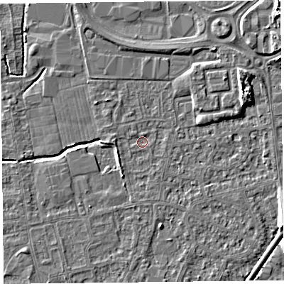 Shaded relief map of the ground around BS233XZ, computed from Environment Agency LiDAR. The ground here sits at about 5 m above sea level and falls 8 m across the surrounding 800 m. Surface water reaching this point runs off ground lying to the east-north-east, 5.7 m higher.