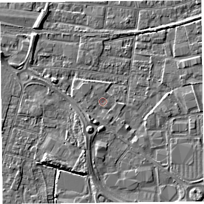 Shaded relief map of the ground around BS233YB, computed from Environment Agency LiDAR. The ground here sits at about 6 m above sea level and falls 7 m across the surrounding 800 m. Surface water reaching this point runs off ground lying to the south-south-west, 2.0 m higher.