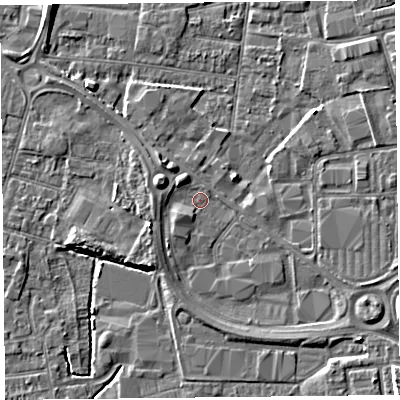Shaded relief map of the ground around BS233YE, computed from Environment Agency LiDAR. The ground here sits at about 6 m above sea level and falls 6 m across the surrounding 800 m. Surface water reaching this point runs off ground lying to the west-south-west, 2.7 m higher.