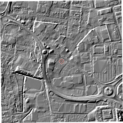Shaded relief map of the ground around BS233YF, computed from Environment Agency LiDAR. The ground here sits at about 5 m above sea level and falls 6 m across the surrounding 800 m. Surface water reaching this point runs off ground lying to the west, 2.7 m higher.