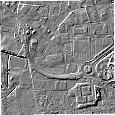 Shaded relief map of the ground around BS233YG, computed from Environment Agency LiDAR. The ground here sits at about 6 m above sea level and falls 8 m across the surrounding 800 m. Surface water reaching this point runs off ground lying to the south-south-west, 1.5 m higher.