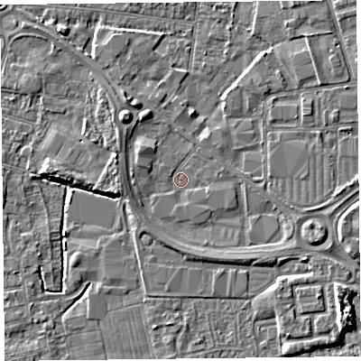 Shaded relief map of the ground around BS233YH, computed from Environment Agency LiDAR. The ground here sits at about 5 m above sea level and falls 6 m across the surrounding 800 m. Surface water reaching this point runs off ground lying to the south, 1.5 m higher.