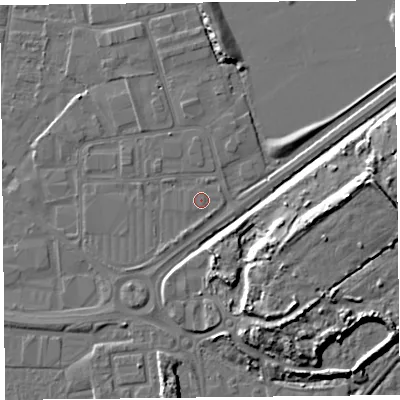 Shaded relief map of the ground around BS233YJ, computed from Environment Agency LiDAR. The ground here sits at about 6 m above sea level and falls 12 m across the surrounding 800 m. Surface water reaching this point runs off ground lying to the south-south-west, 1.1 m higher.