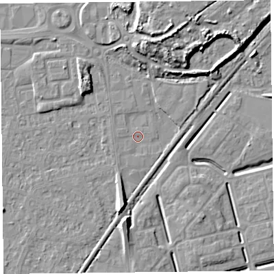 Shaded relief map of the ground around BS233YS, computed from Environment Agency LiDAR. The ground here sits at about 5 m above sea level and falls 12 m across the surrounding 800 m. Surface water reaching this point runs off ground lying to the north-north-east, 10.4 m higher.