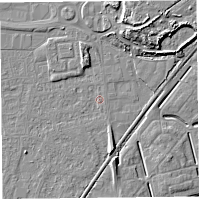 Shaded relief map of the ground around BS233YT, computed from Environment Agency LiDAR. The ground here sits at about 6 m above sea level and falls 12 m across the surrounding 800 m. Surface water reaching this point runs off ground lying to the north-east, 10.4 m higher.