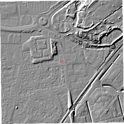 Shaded relief map of the ground around BS233YU, computed from Environment Agency LiDAR. The ground here sits at about 6 m above sea level and falls 12 m across the surrounding 800 m. Surface water reaching this point runs off ground lying to the north-east, 9.5 m higher.