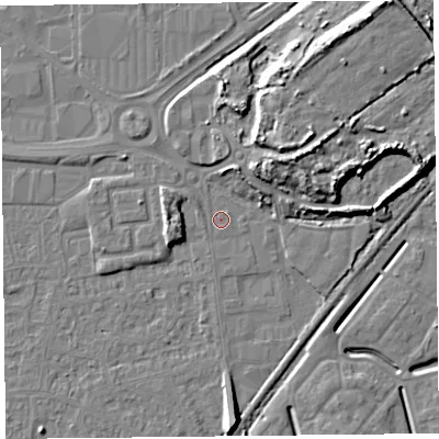Shaded relief map of the ground around BS233YW, computed from Environment Agency LiDAR. The ground here sits at about 6 m above sea level and falls 13 m across the surrounding 800 m. Surface water reaching this point runs off ground lying to the north-east, 9.4 m higher.