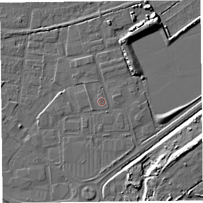Shaded relief map of the ground around BS233YX, computed from Environment Agency LiDAR. The ground here sits at about 6 m above sea level and falls 12 m across the surrounding 800 m. Surface water reaching this point runs off ground lying to the south-south-west, 0.6 m higher.