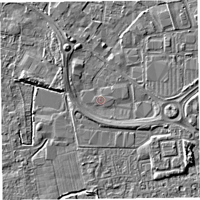 Shaded relief map of the ground around BS233YY, computed from Environment Agency LiDAR. The ground here sits at about 6 m above sea level and falls 7 m across the surrounding 800 m. Surface water reaching this point runs off ground lying to the south-south-west, 1.5 m higher.