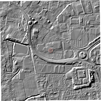 Shaded relief map of the ground around BS233YZ, computed from Environment Agency LiDAR. The ground here sits at about 6 m above sea level and falls 7 m across the surrounding 800 m. Surface water reaching this point runs off ground lying to the south-west, 1.5 m higher.