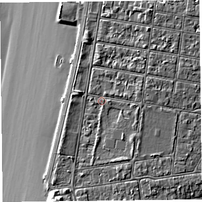 Shaded relief map of the ground around BS234AY, computed from Environment Agency LiDAR. The ground here sits at about 8 m above sea level and falls 10 m across the surrounding 800 m. Surface water reaching this point runs off ground lying to the east, 1.3 m higher.